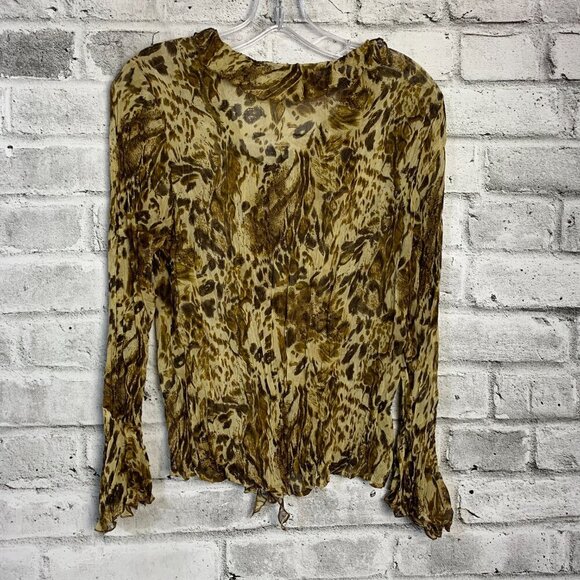 Vintage Y2K Sheer Leopard Print Flare Sleeve Ruffle V-Neck Blouse - Picture 6 of 12